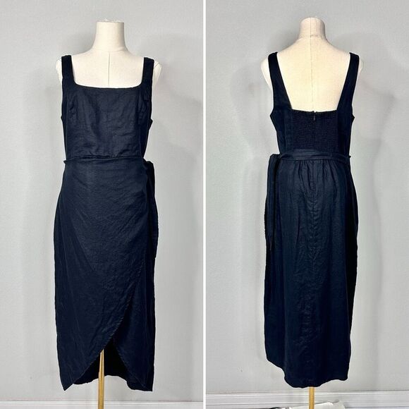 Aritzia Wilfred Saturn Dress Black Organic Linen Wrap Midi 8 Minimalist Classic - Picture 2 of 12